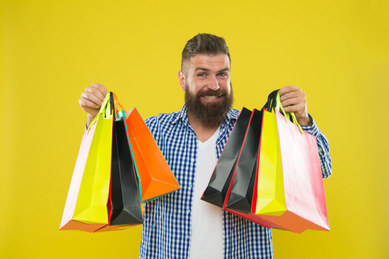 Man,Bearded,Hipster,Cheerful,Face,Carry,Paper,Shopping,Bags,On